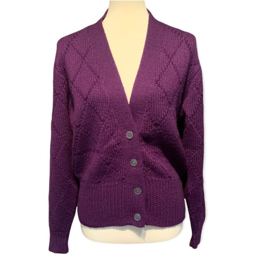 Talbots Vintage Ribbed V-Neck Front Button-Down 100% Wool Cardigan Sweater Large